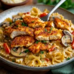 A plate of Louisiana Chicken Pasta with crispy, golden-brown breaded chicken on top of creamy Cajun bowtie pasta, mushrooms, and bell peppers, garnished with fresh parsley.