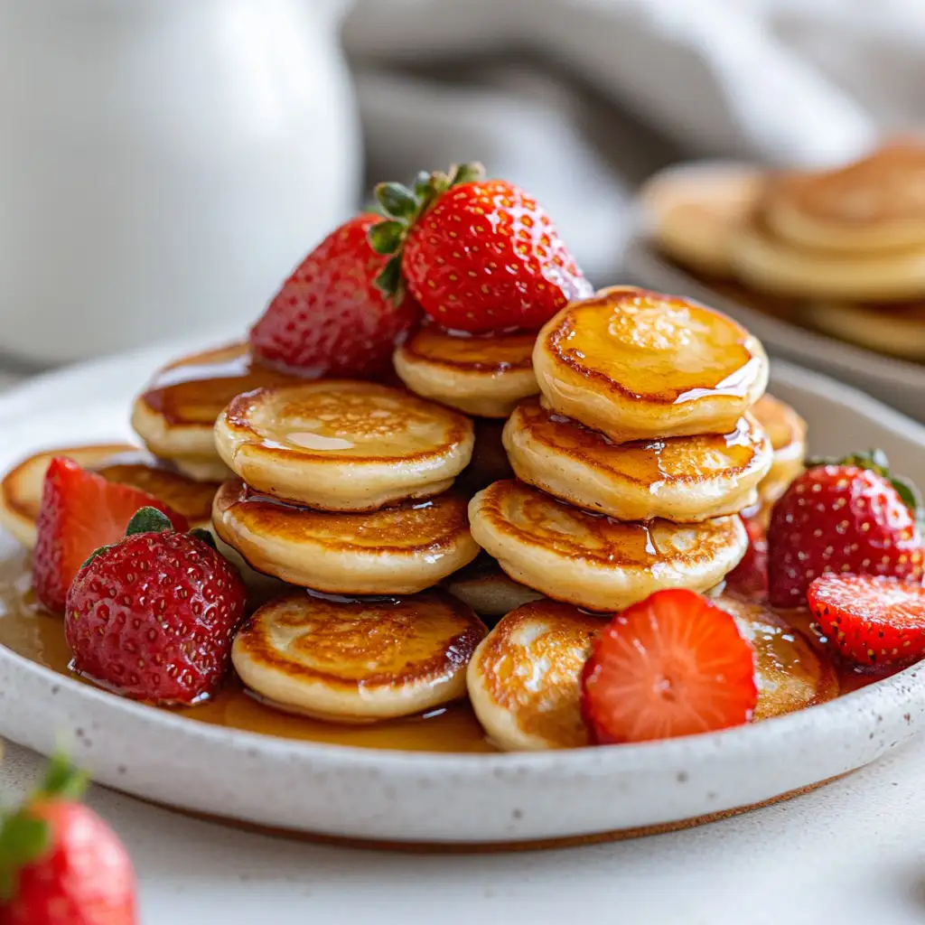 A plate of golden mini pancakes drizzled with syrup, stacked with fresh strawberries, creating a delicious and inviting breakfast scene.