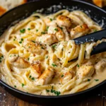 A creamy garlic parmesan chicken pasta dish with tender chicken pieces and linguine, garnished with fresh parsley and parmesan cheese.