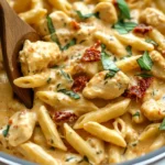 Close-up of a creamy Marry Me Chicken Pasta dish with tender chicken, penne pasta, sun-dried tomatoes, and fresh basil. A wooden spoon stirs the rich, velvety sauce, highlighting the dish’s texture and flavors.